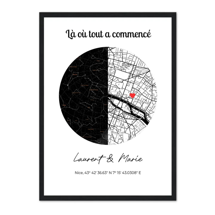 Carte lieu de rencontre + constellation - Affiche personnalisée